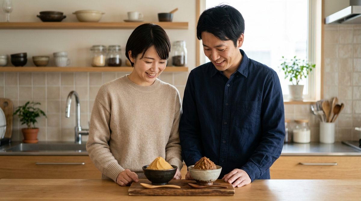 キッチンカウンターで男女が味噌を笑顔で眺める