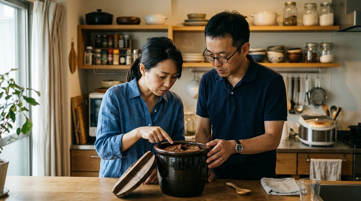キッチンで夫婦が発酵食品の甕の中身を指差す