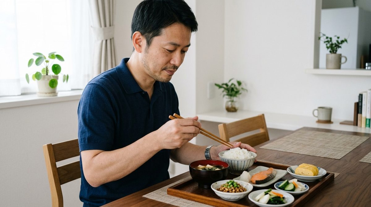 発酵食品がある豊かな食卓を見せ、読者が実践した後のベネフィット(健康・幸せ)を想起させる