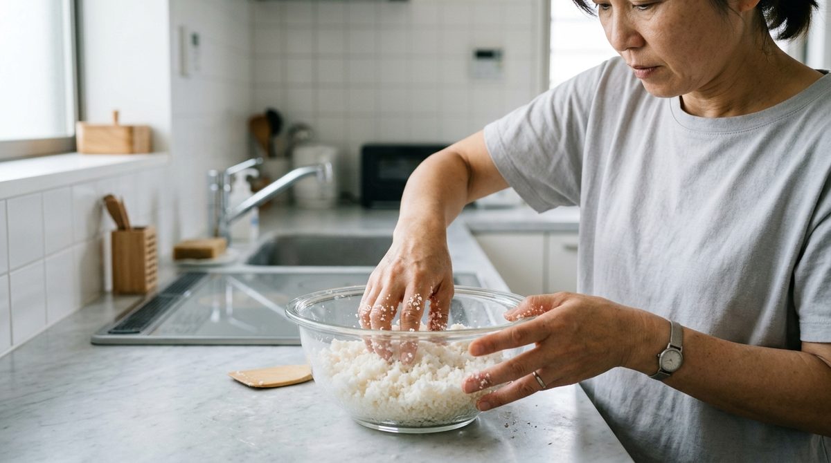 麹と塩、水を混ぜ合わせる具体的な動作を示し、作業のイメージを助ける