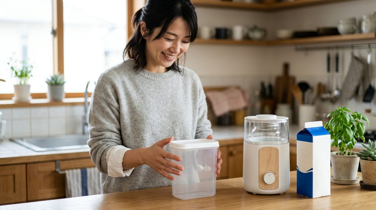 笑顔の女性がキッチンカウンターで保存容器を持つ