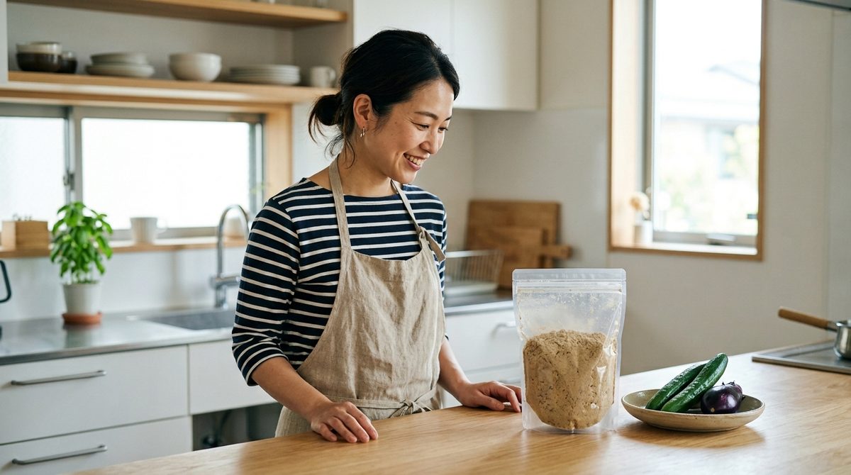 キッチンでエプロンの女性が食材を前に笑顔