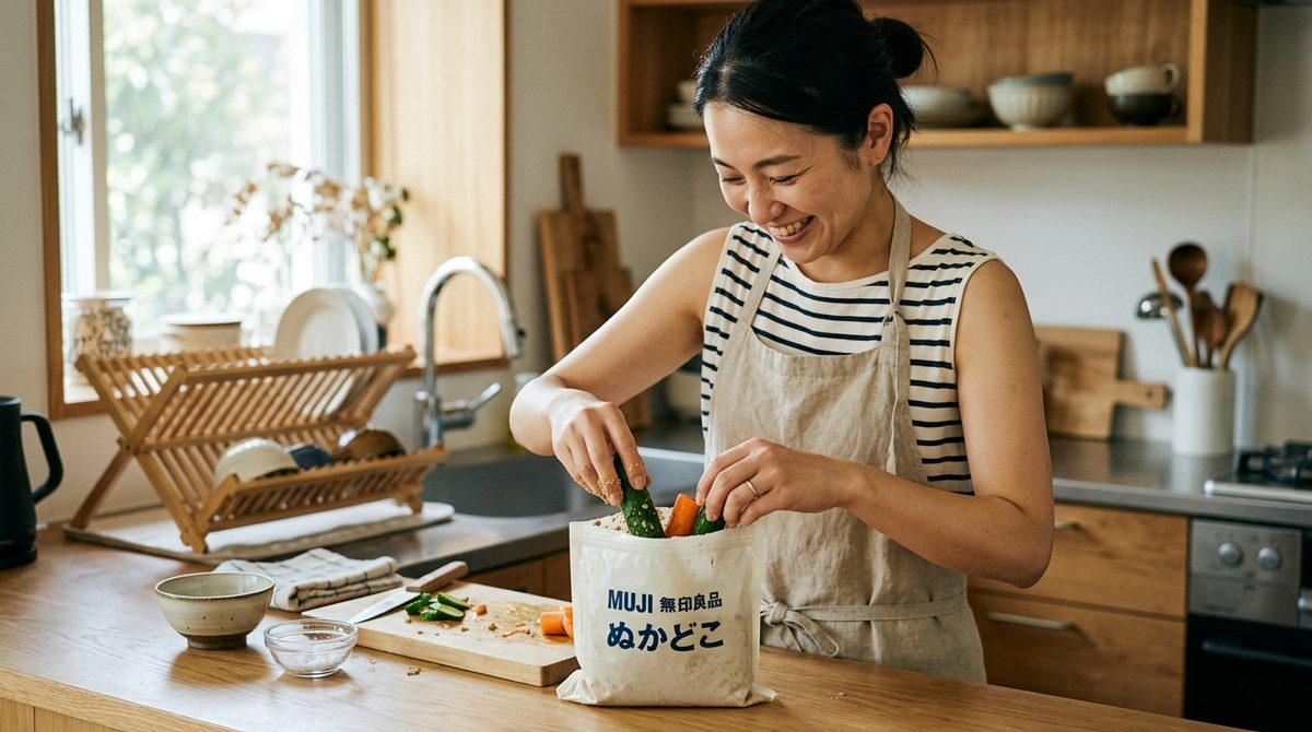 笑顔の女性が無印良品のぬかどこに野菜を入れる