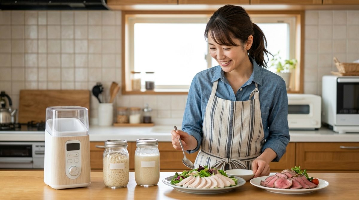 キッチンで笑顔の女性が甘酒と鶏肉料理を盛り付ける。