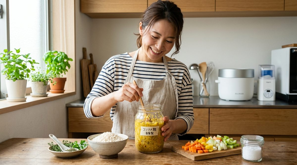 明るいキッチンで笑顔の女性が自家製コンソメ麹を混ぜる