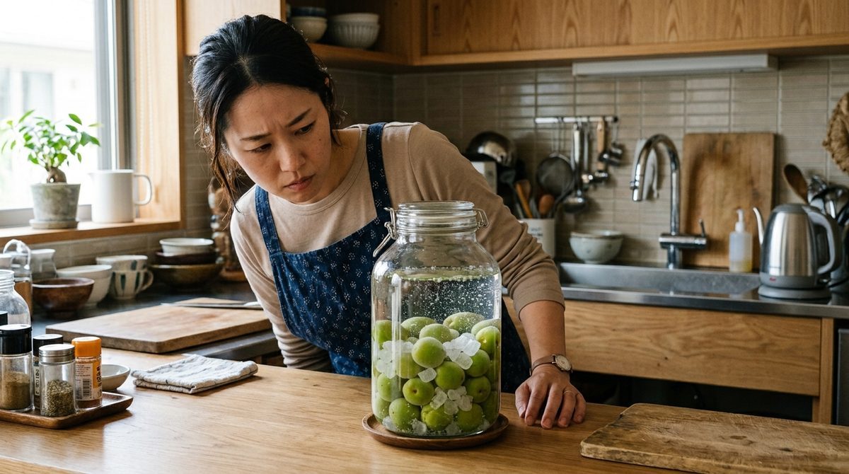 キッチンでエプロン姿の女性が梅酒仕込み瓶を真剣に見つめる