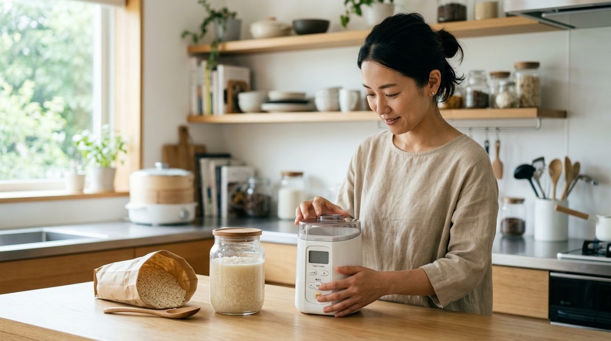 明るいキッチンで女性が発酵器に甘酒の材料を入れる